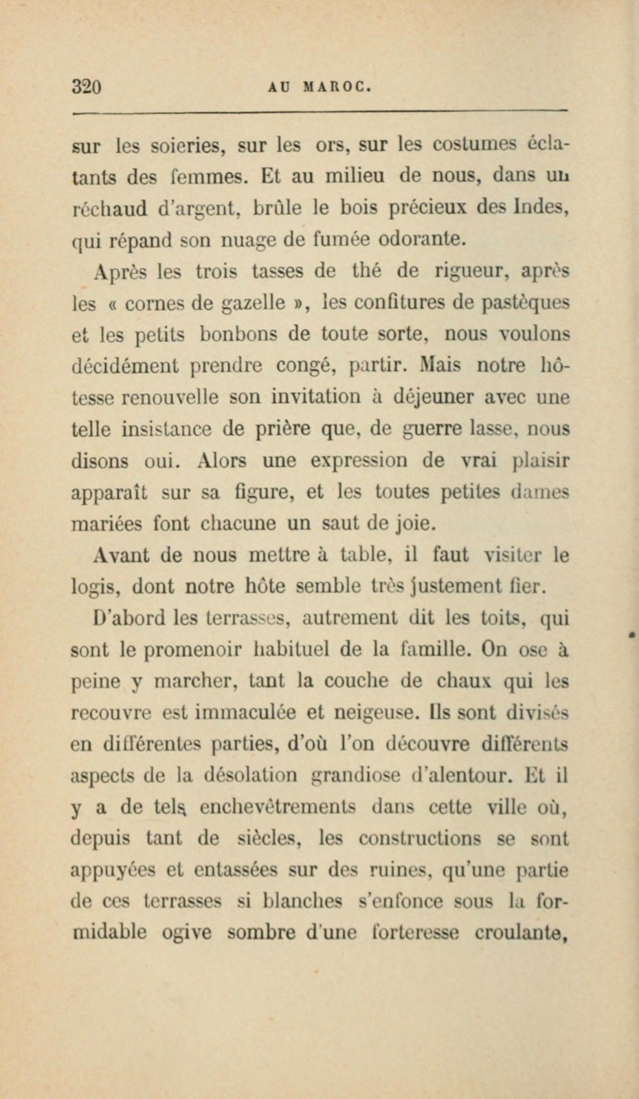 古い活字の頁。上に「320 AU MAROC.」の柱、中ほどの段落に「« cornes de gazelle »」の語