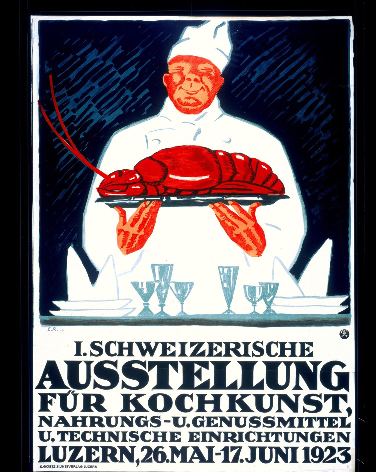 コック帽の料理人が、大きな赤いエビをのせた皿を両手で差し出すポスター。下に「I. SCHWEIZERISCHE AUSSTELLUNG FÜR KOCHKUNST … LUZERN, 26. MAI–17. JUNI 1923」